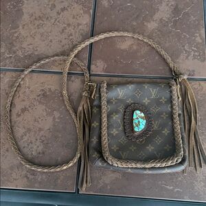 Vintage Louis Vuitton Crossbody Bag with Braided Strap and Turquoise Stone